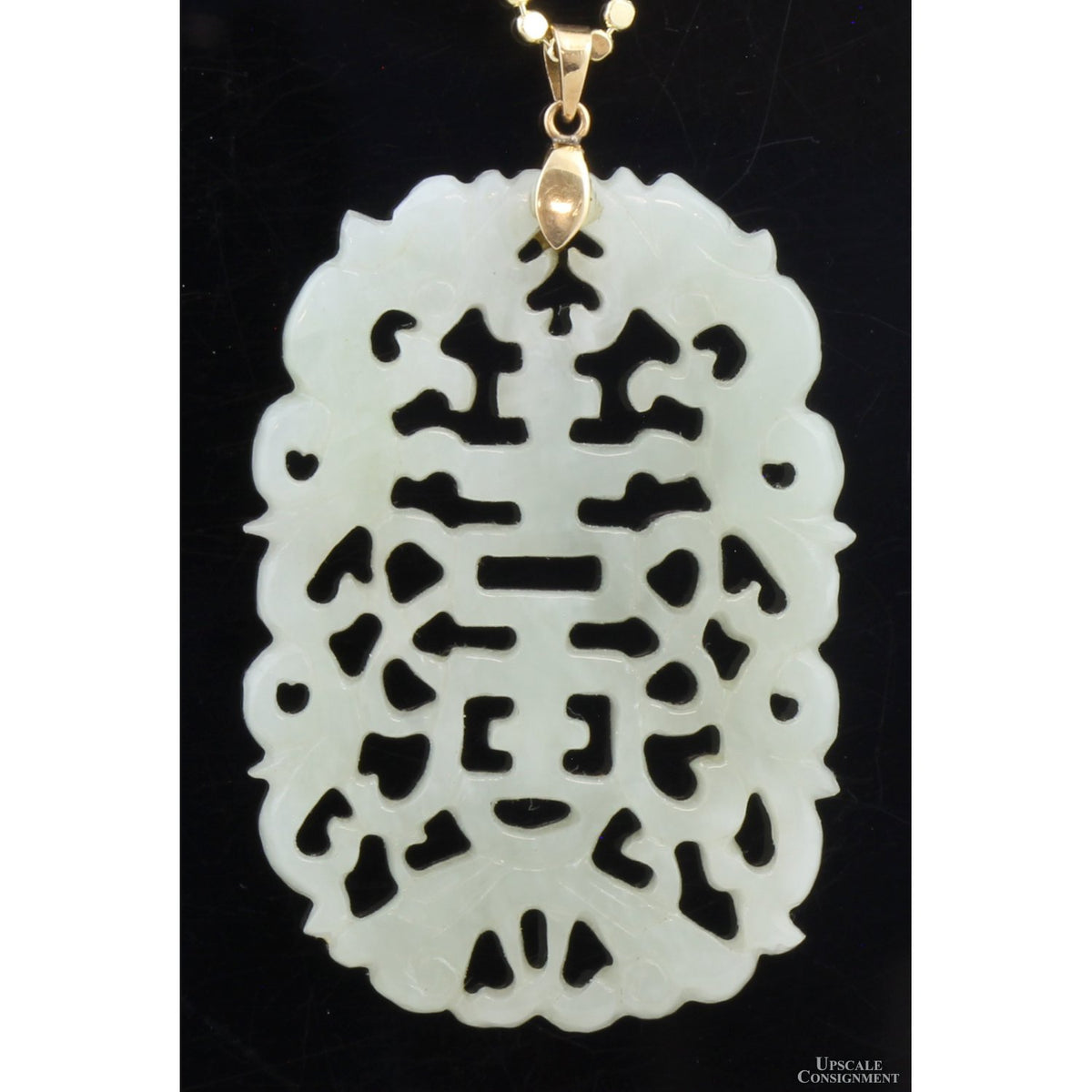 Carved Nephrite Jade Longevity Pendant with 14K Gold Bail