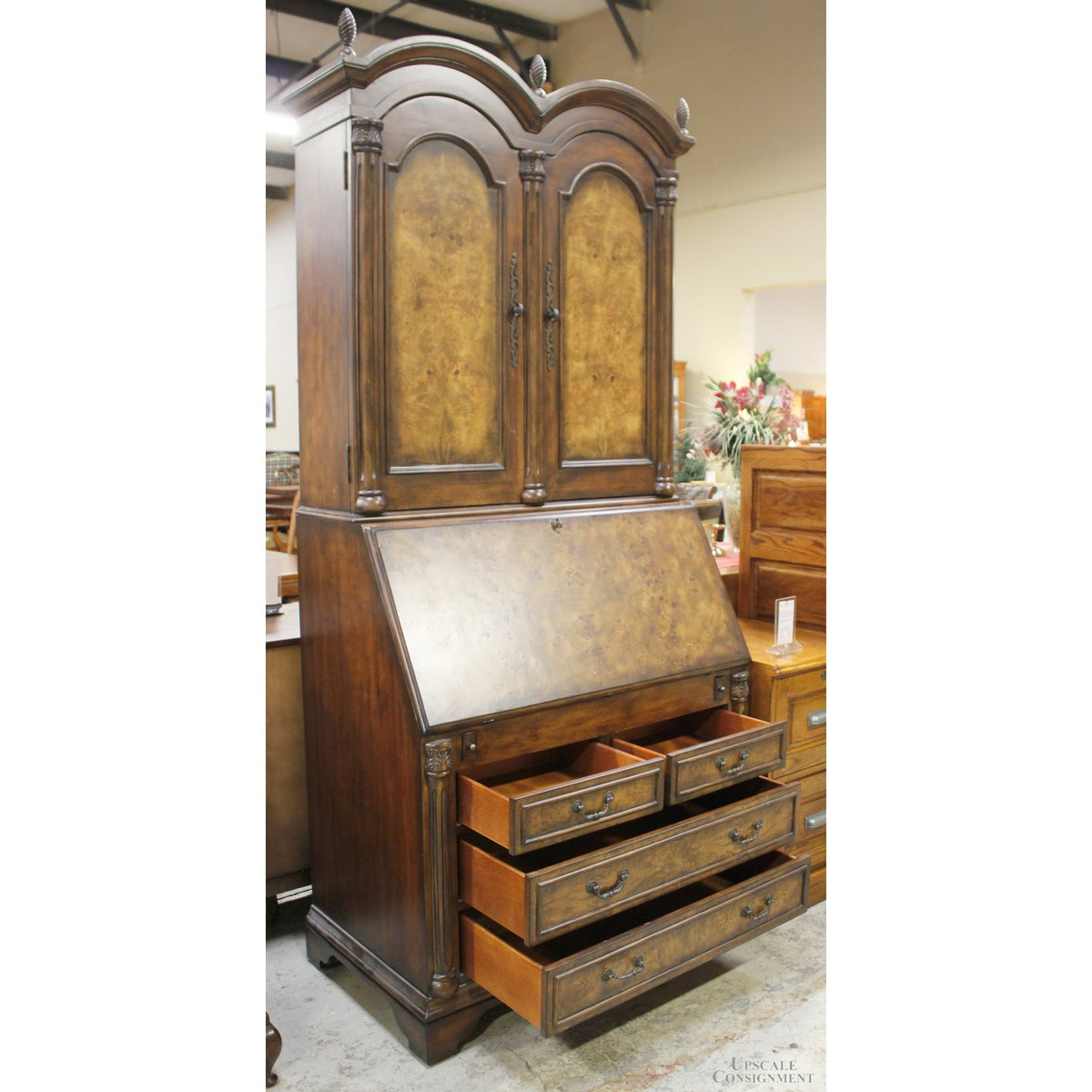 Burlwood Secretary Desk w/Hutch