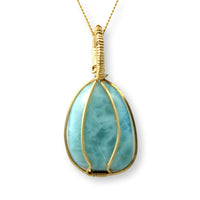 14K Gold Wire Wrapped Larimar Pendant 12K GP 18" Chain