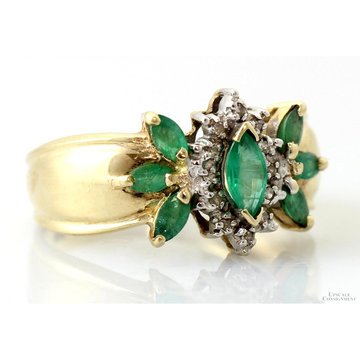 10K Gold Natural Emerald & Diamond Floral Cluster Ring