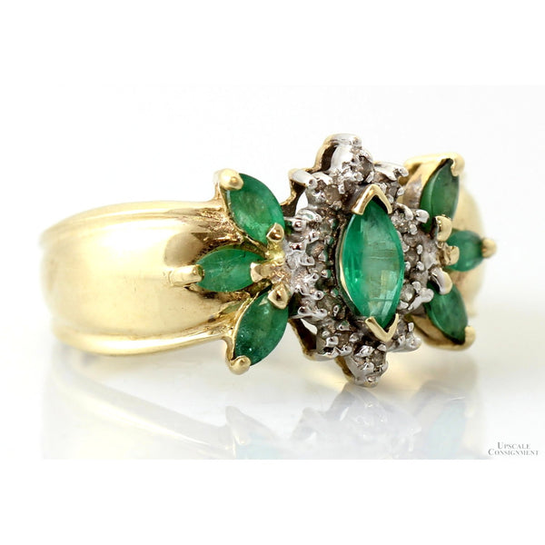 10K Gold Natural Emerald & Diamond Floral Cluster Ring
