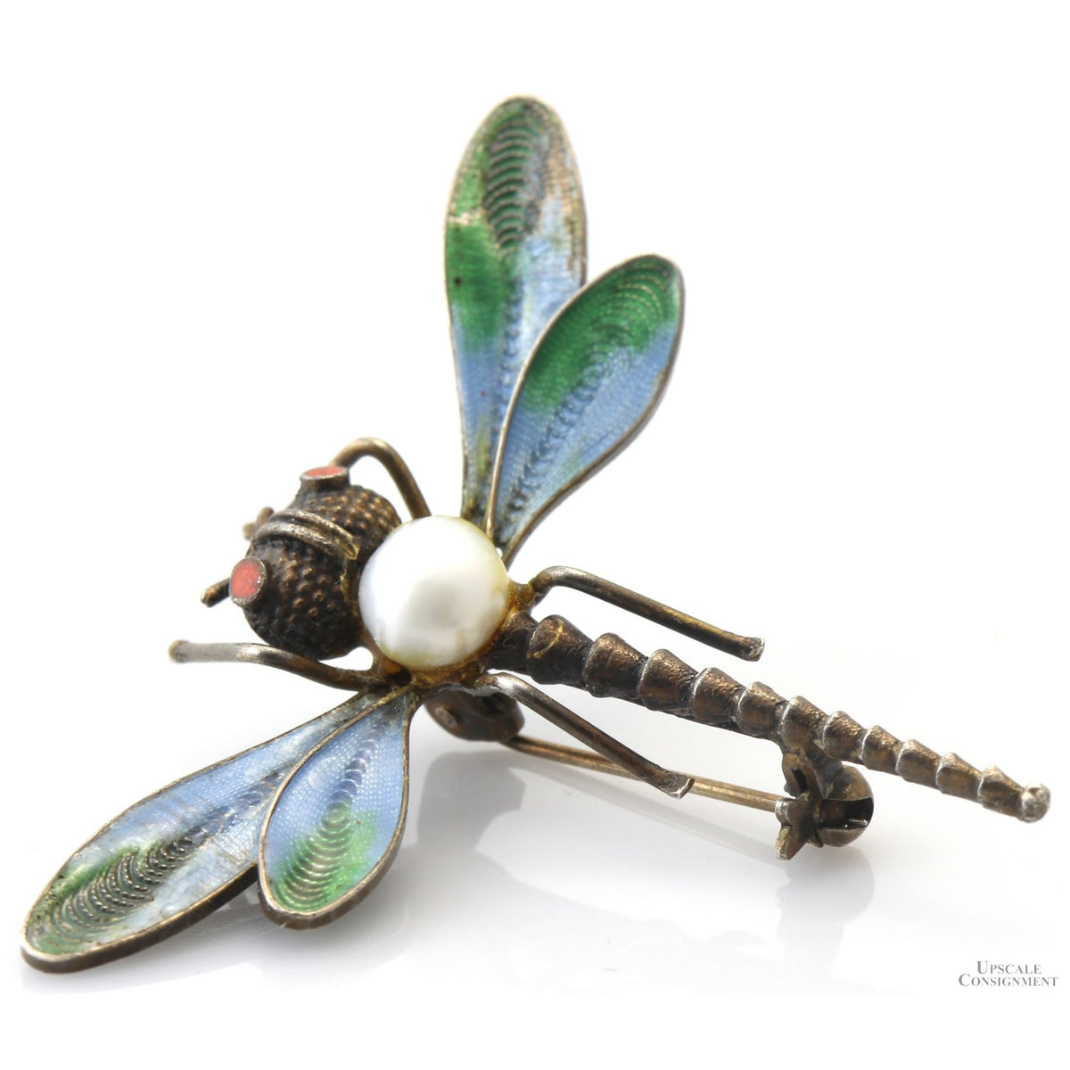 Italian Dragonfly Brooch | Coral, Pearl & Light-Transmitting Plique-à-Jour-Style Enamel