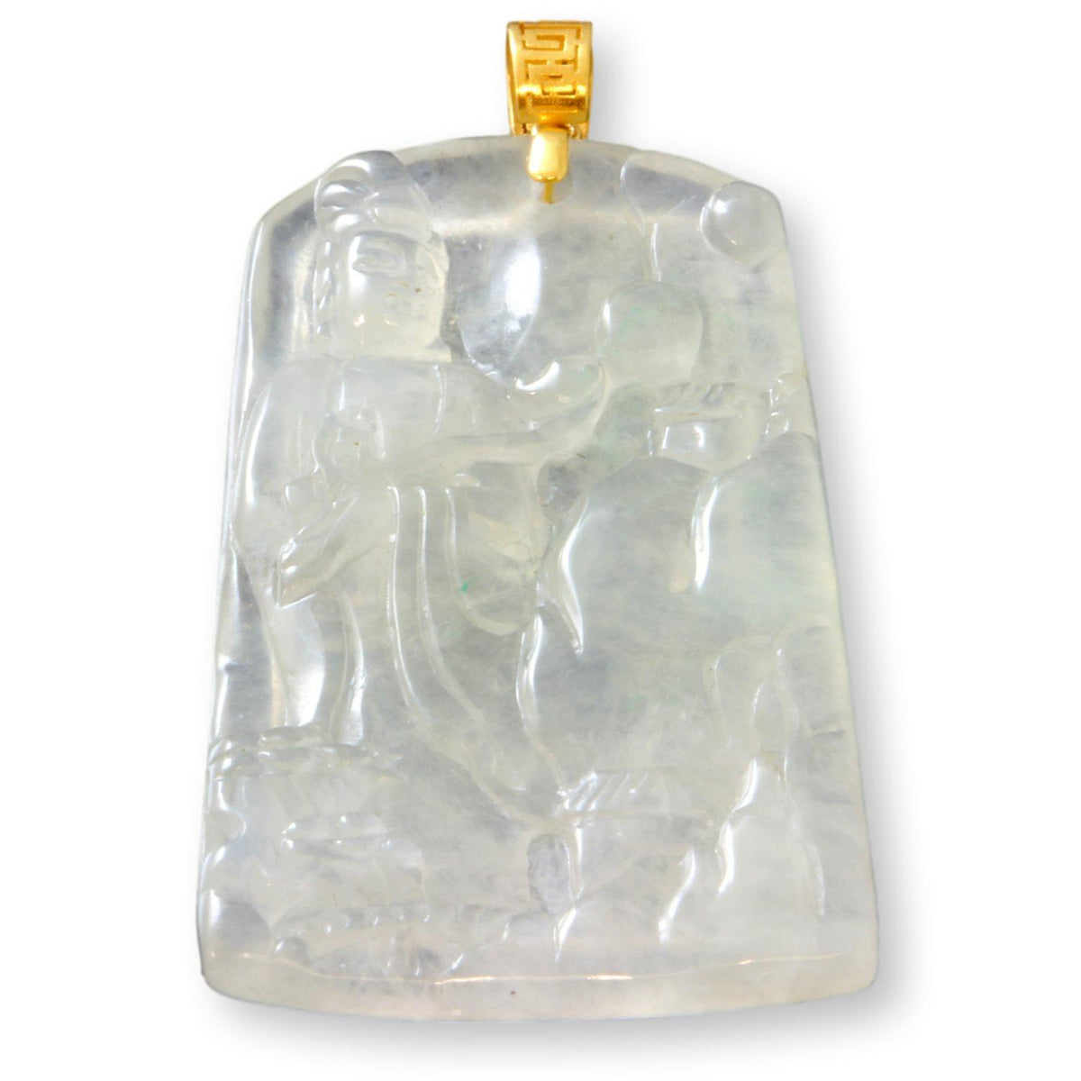 18K Gold Carved Icy White Grade A Translucent Jadeite Jade Buddha Pendant