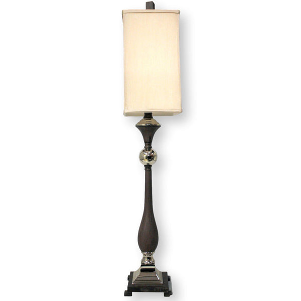 Chrome & Wood Buffet Table Lamp w/Tall Square Shade