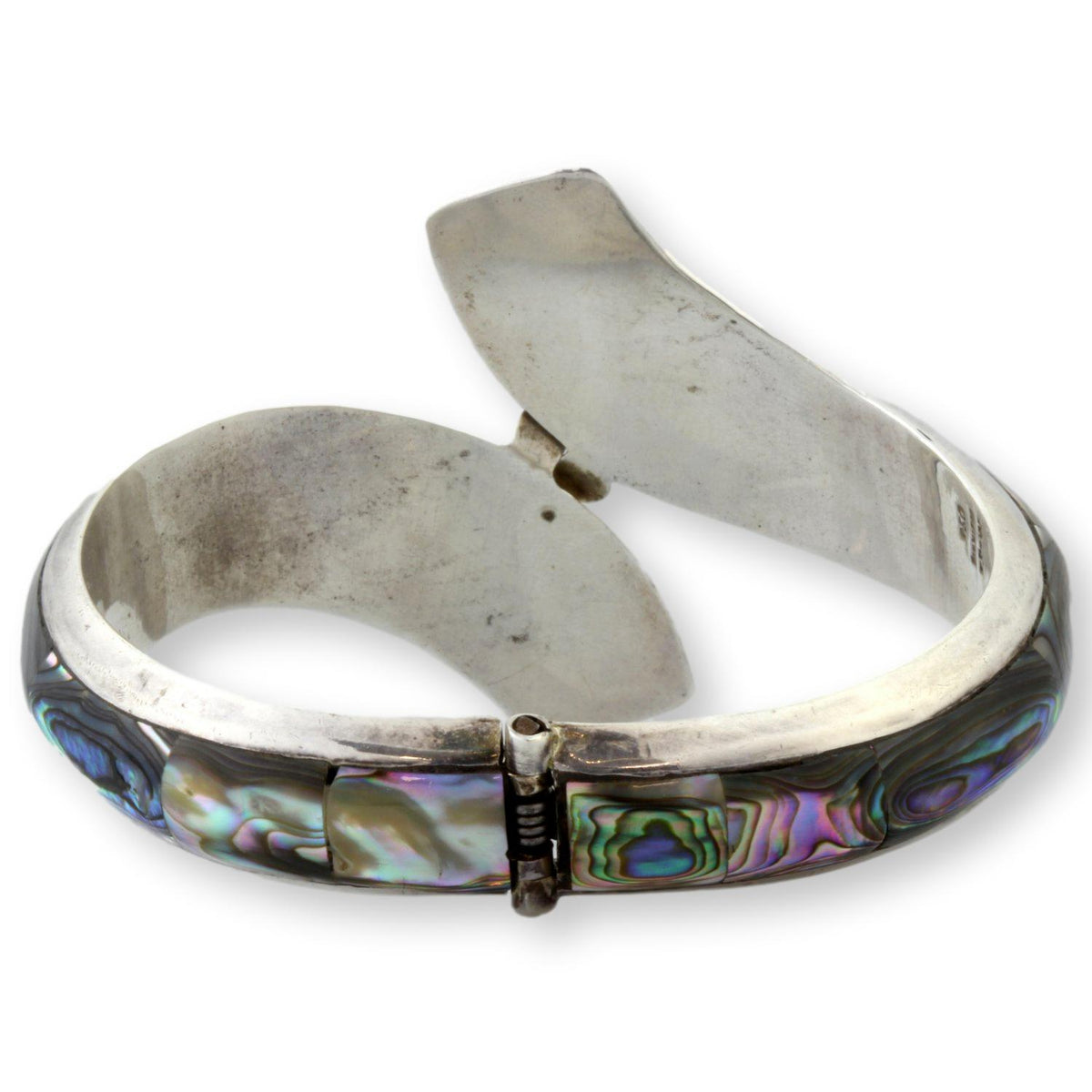 950 Fine Silver Abalone Inlay Signed Hinged Clamper Bangle