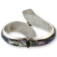 950 Fine Silver Abalone Inlay Signed Hinged Clamper Bangle