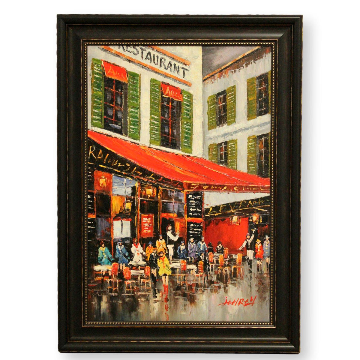 Framed Original Oil Restaurant w/Red Awning