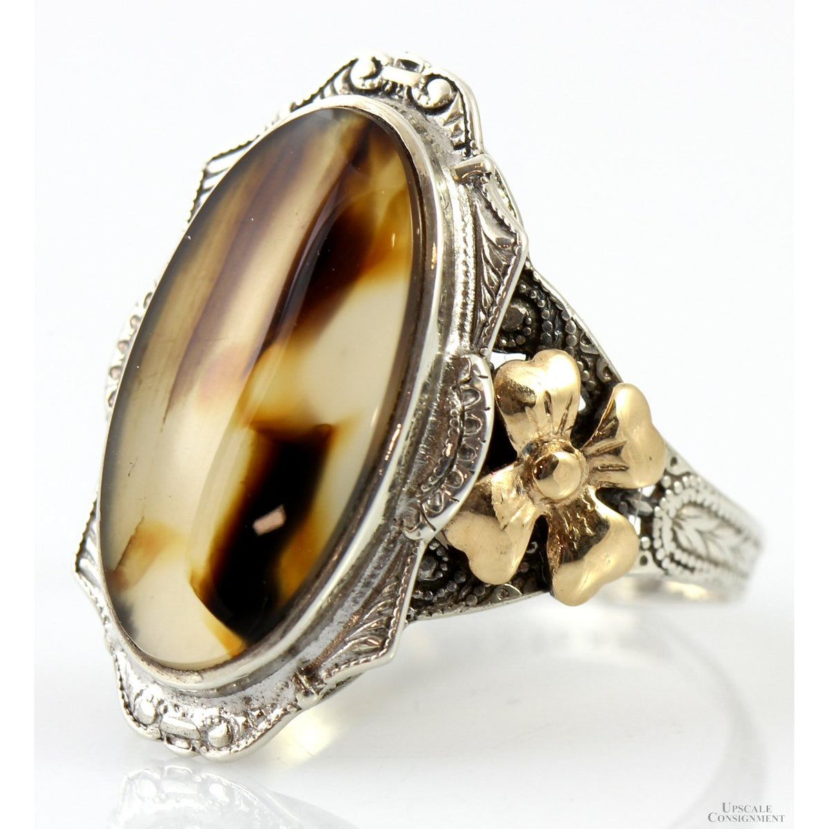 Art Nouveau Sterling & 14K RGP Dendritic Agate Antique Ring