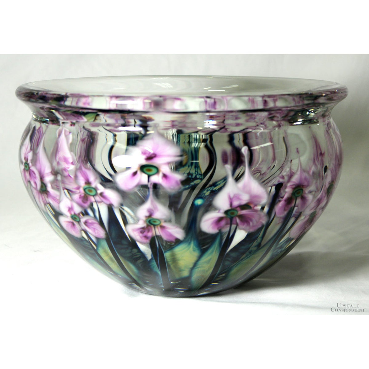 John Lotton Lavender & White Floating Iris Art Glass Bowl