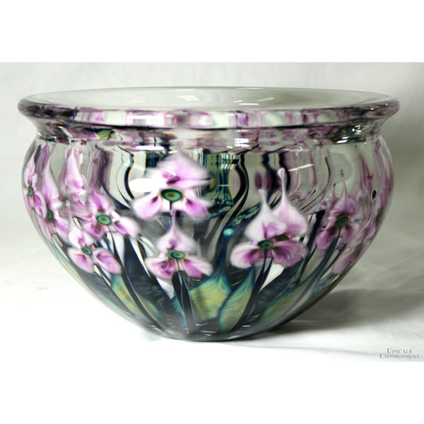John Lotton Lavender & White Floating Iris Art Glass Bowl