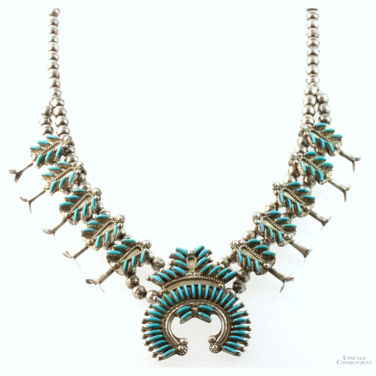 Zuni Needlepoint Turquoise & Sterling Silver Squash Blossom Necklace