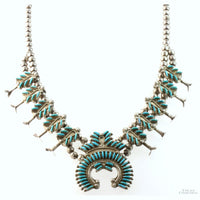 Zuni Needlepoint Turquoise & Sterling Silver Squash Blossom Necklace