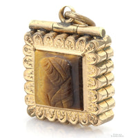 Vintage Tiger's Eye Cameo Locket Pendant with 14K Gold Accents
