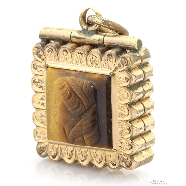 Vintage Tiger's Eye Cameo Locket Pendant with 14K Gold Accents