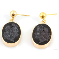 Vintage Carved Chalcedony Black Onyx Intaglio Gold Vermeil Earrings