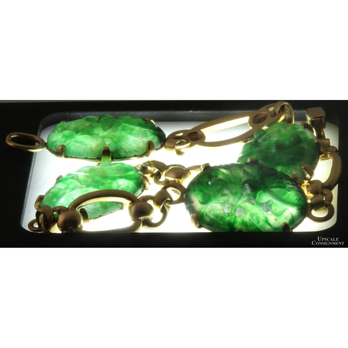 Carved Green Jadeite Jade 14K Gold Link Bracelet | Mid-Century