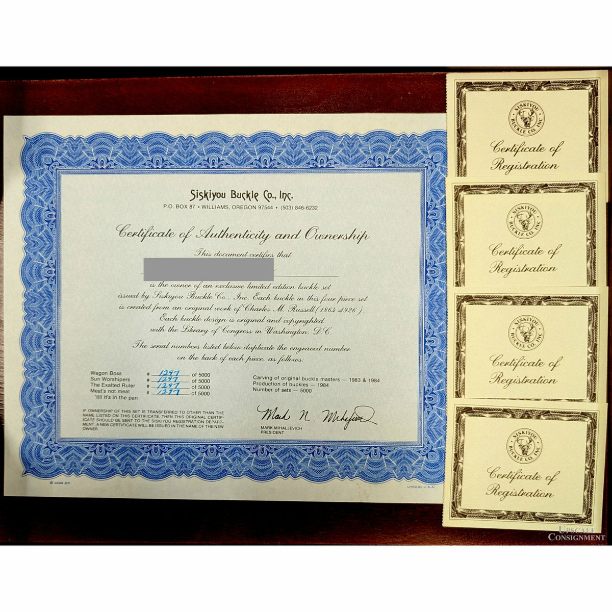 Charles M. Russell Pewter Buckle Set – Framed with COA – Western art collectible.