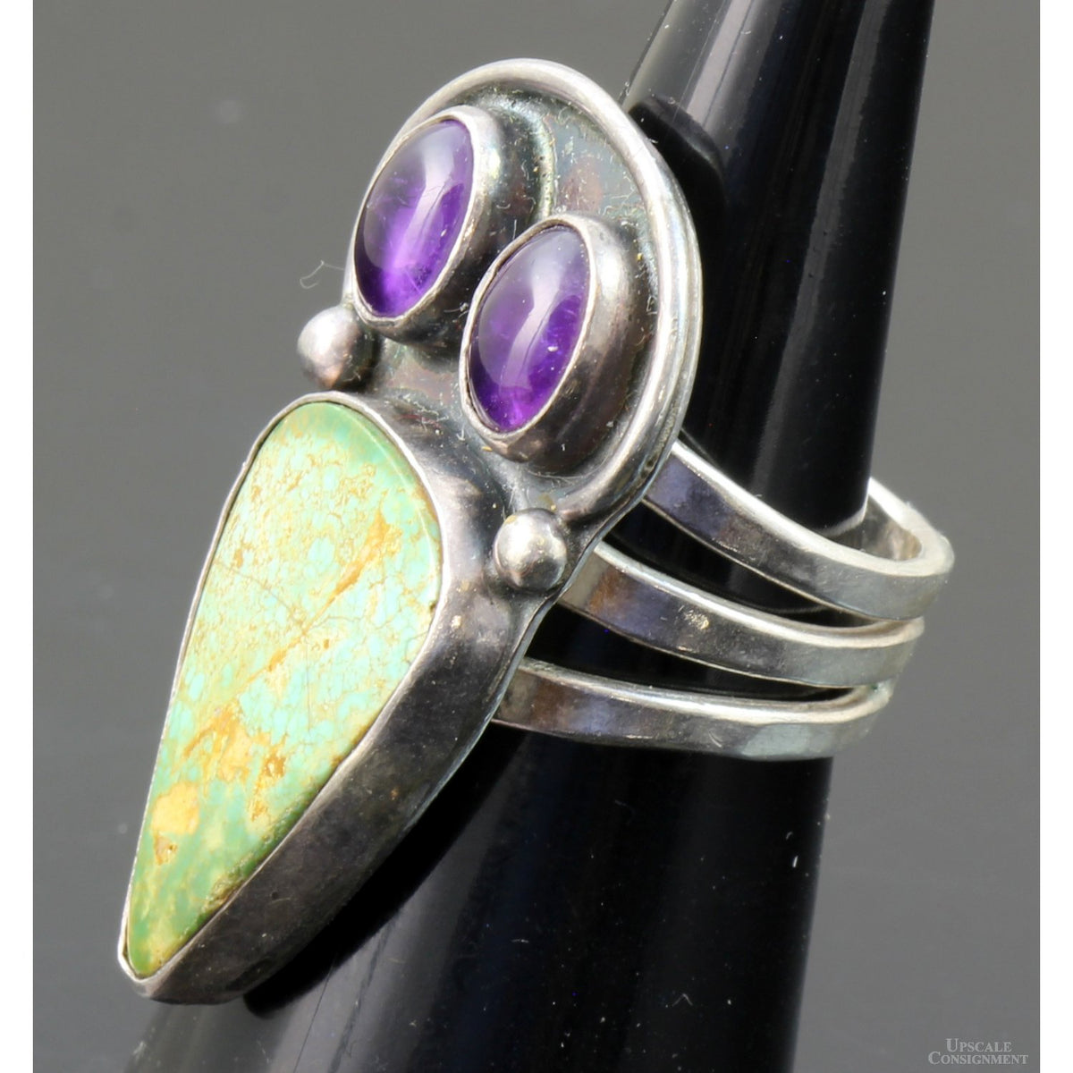 Greenish Turquoise & Amethyst Sterling Silver Raven Ring