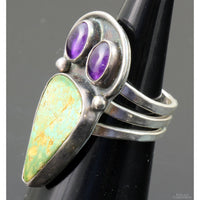 Greenish Turquoise & Amethyst Sterling Silver Raven Ring