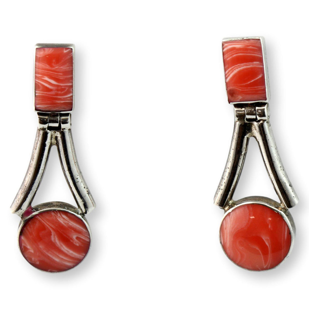 Mid-Century Pink Angel Skin Coral & Fine Silver Drop Earrings