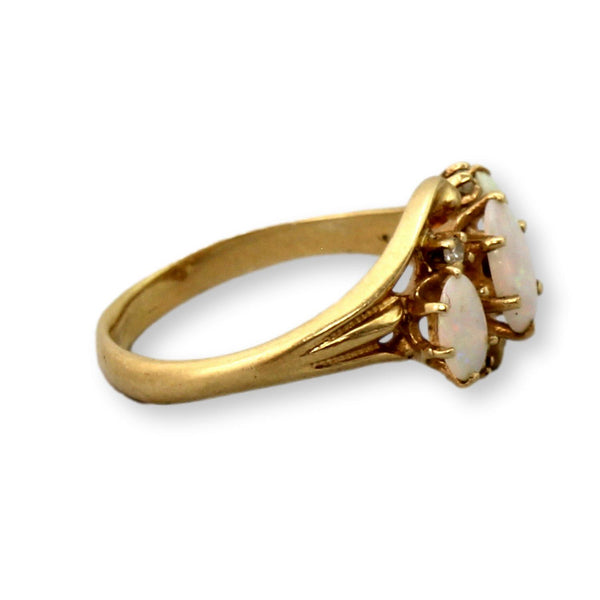 Vintage 14K Yellow Gold Natural Opal & Diamond Ring – Three Stone Opal Ring