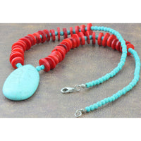 Turquoise & Coral Beaded Necklace - Teardrop Pendant