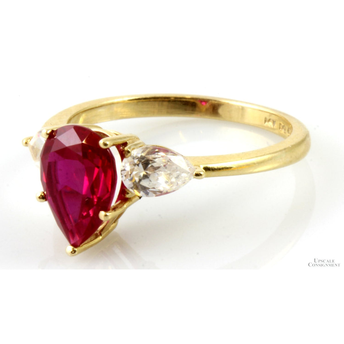 14K Yellow Gold Red Pear-Shaped CZ & Colorless CZ Accent Stone Ring