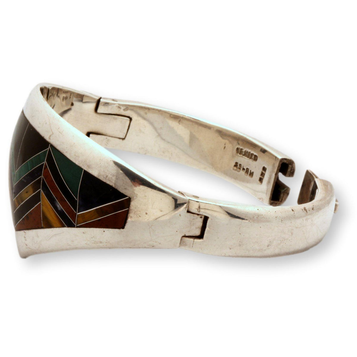 Vintage Mexican 950 Fine Silver Multi-Stone Inlay Hinged Bangle Bracelet