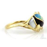 14K Gold Opal, Onyx, Shell Inlay Hawaiian Humuhumu Fish Ring