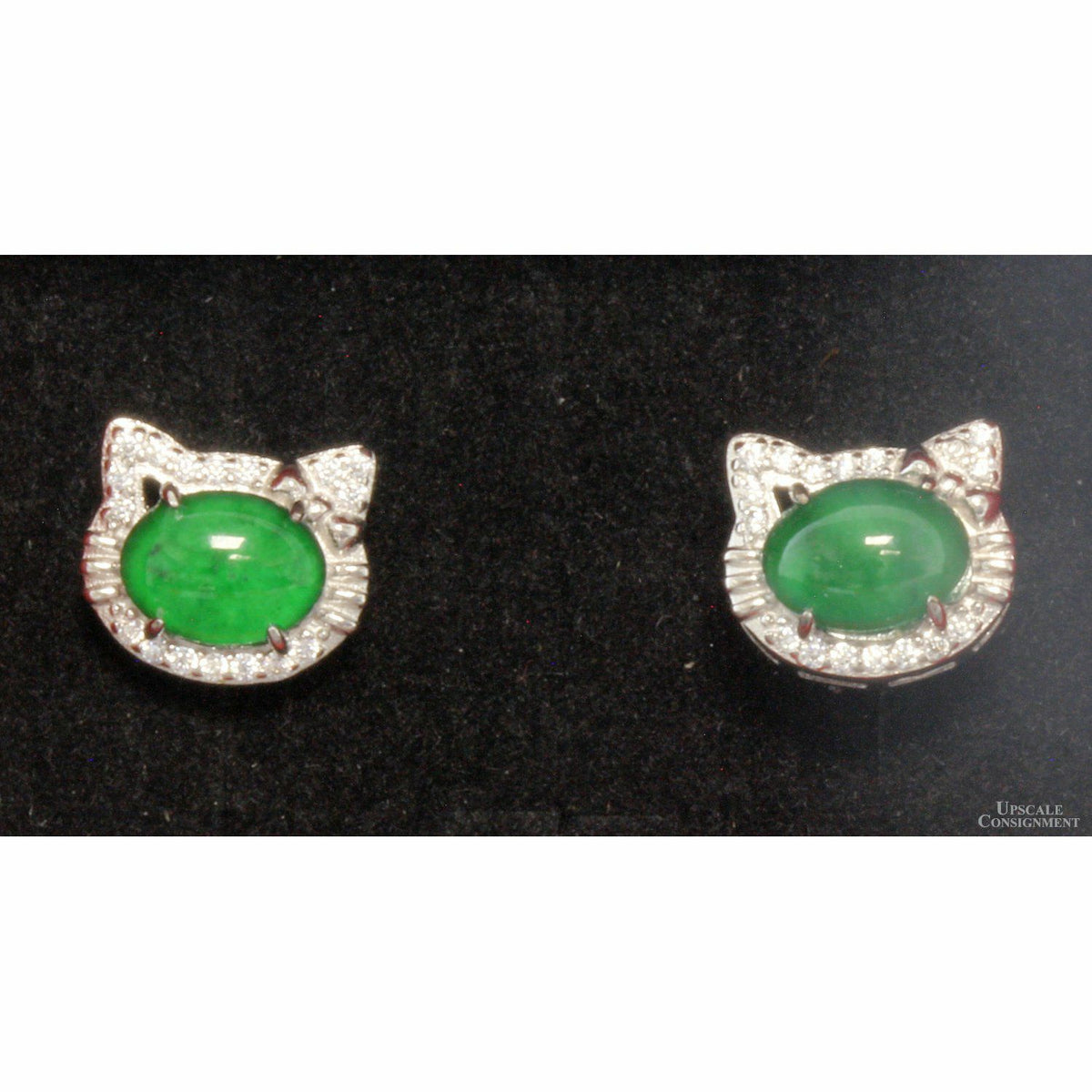 Sterling Silver Grade A Bright Green Jadeite Earrings | Cat Design