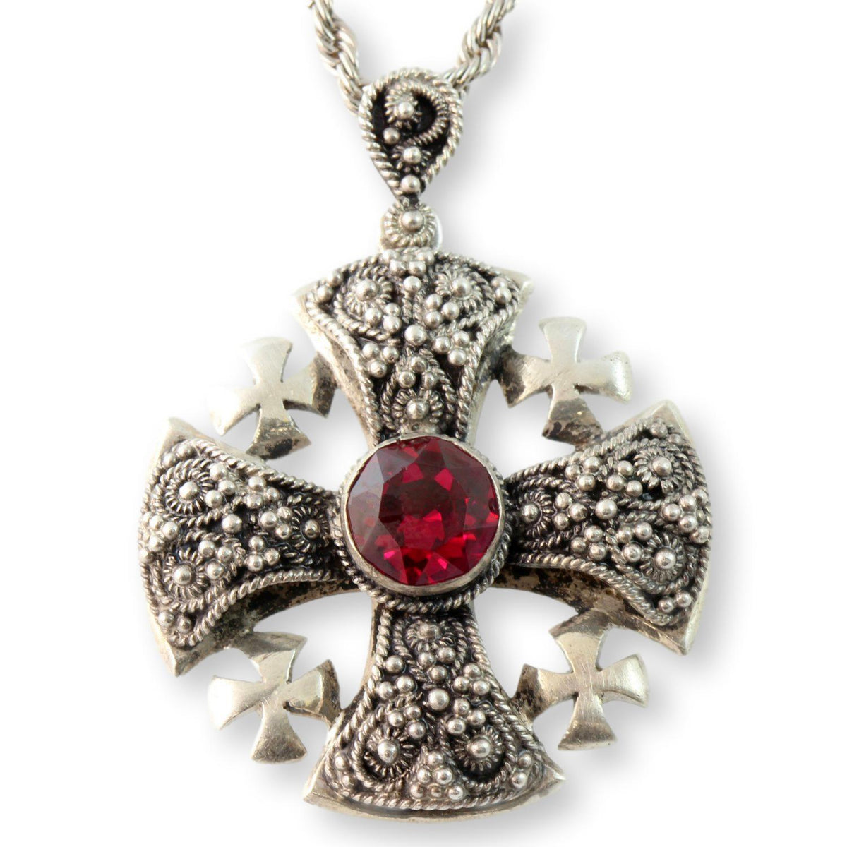 950 Silver Jerusalem Cross Necklace - Synthetic Ruby - Ornate Filigree ...