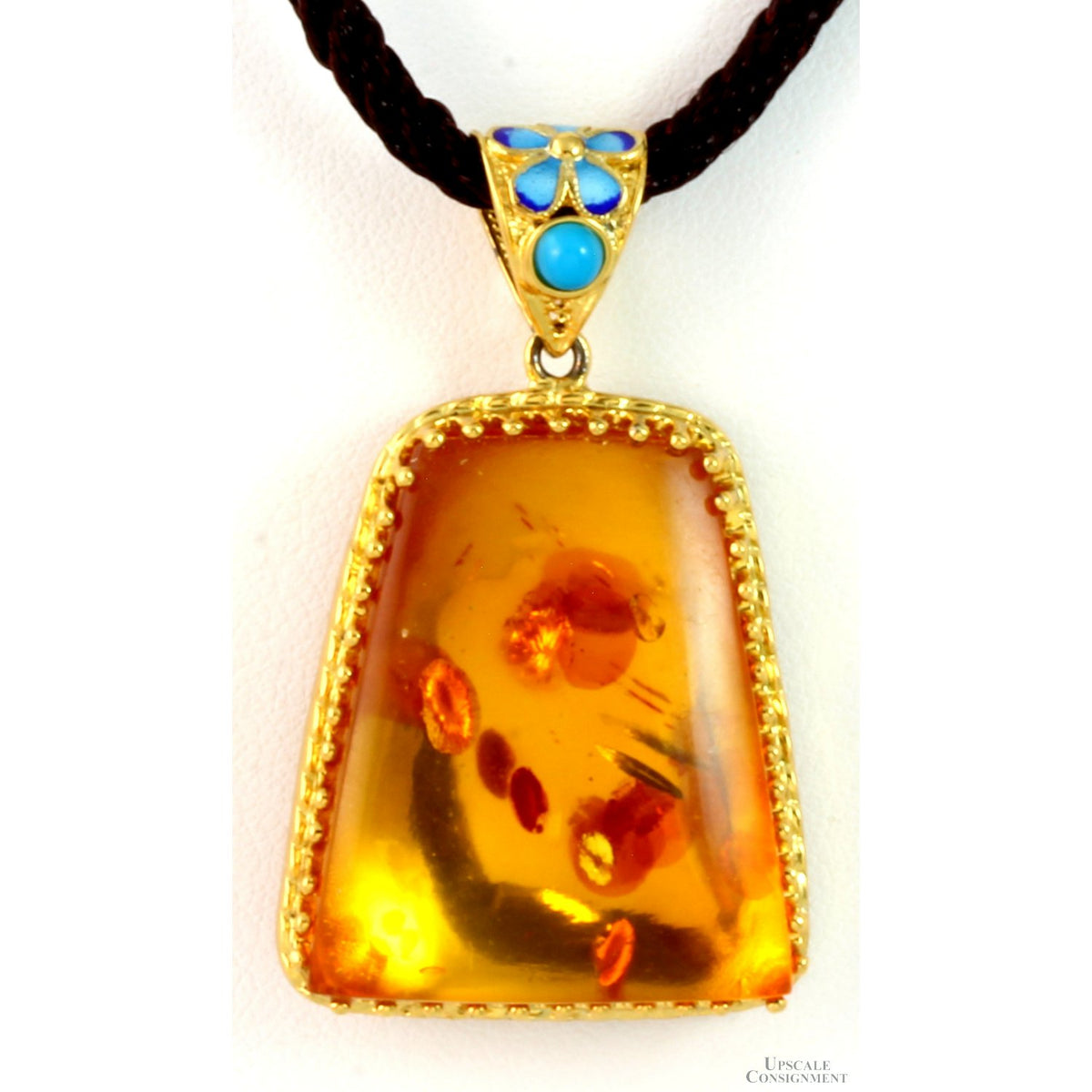 18K Gold Vermeil Filigree Design Enamel & Amber Pendant & Cord