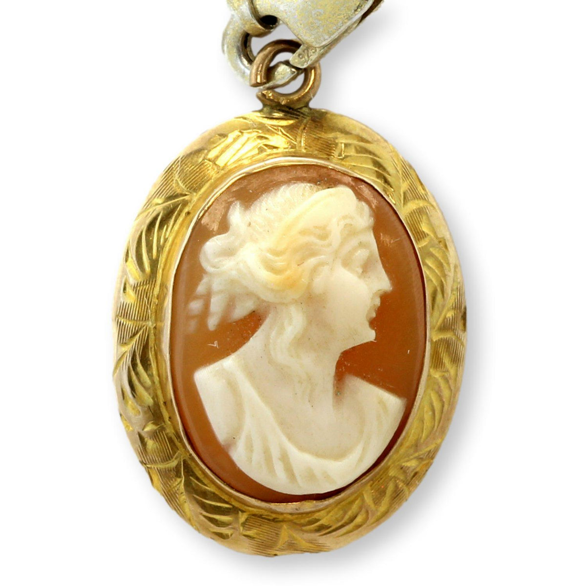 Vintage 14K Gold Shell Cameo Pendant Classical Lady Profile Mid-Century