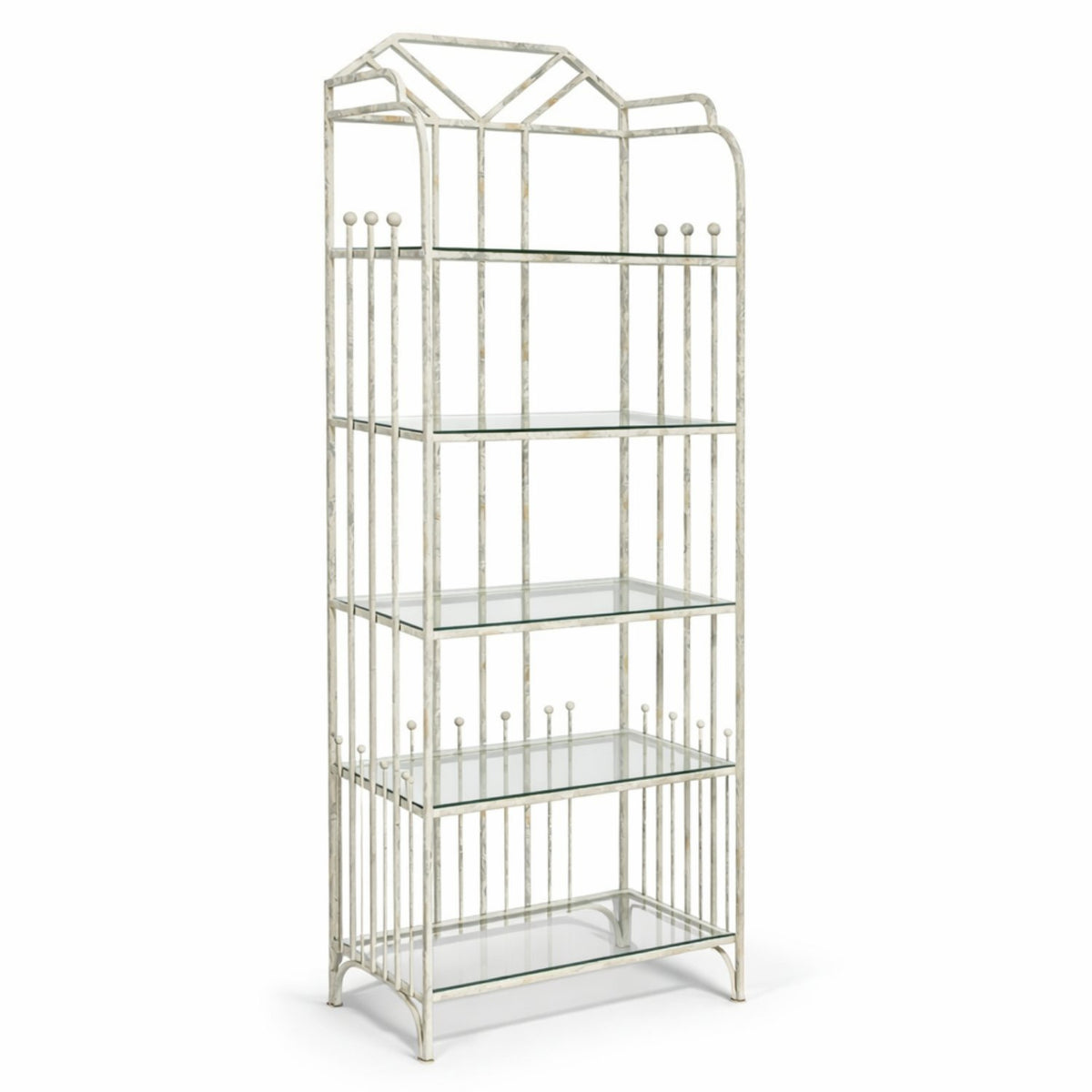 Distressed White Glass & Metal Etagere