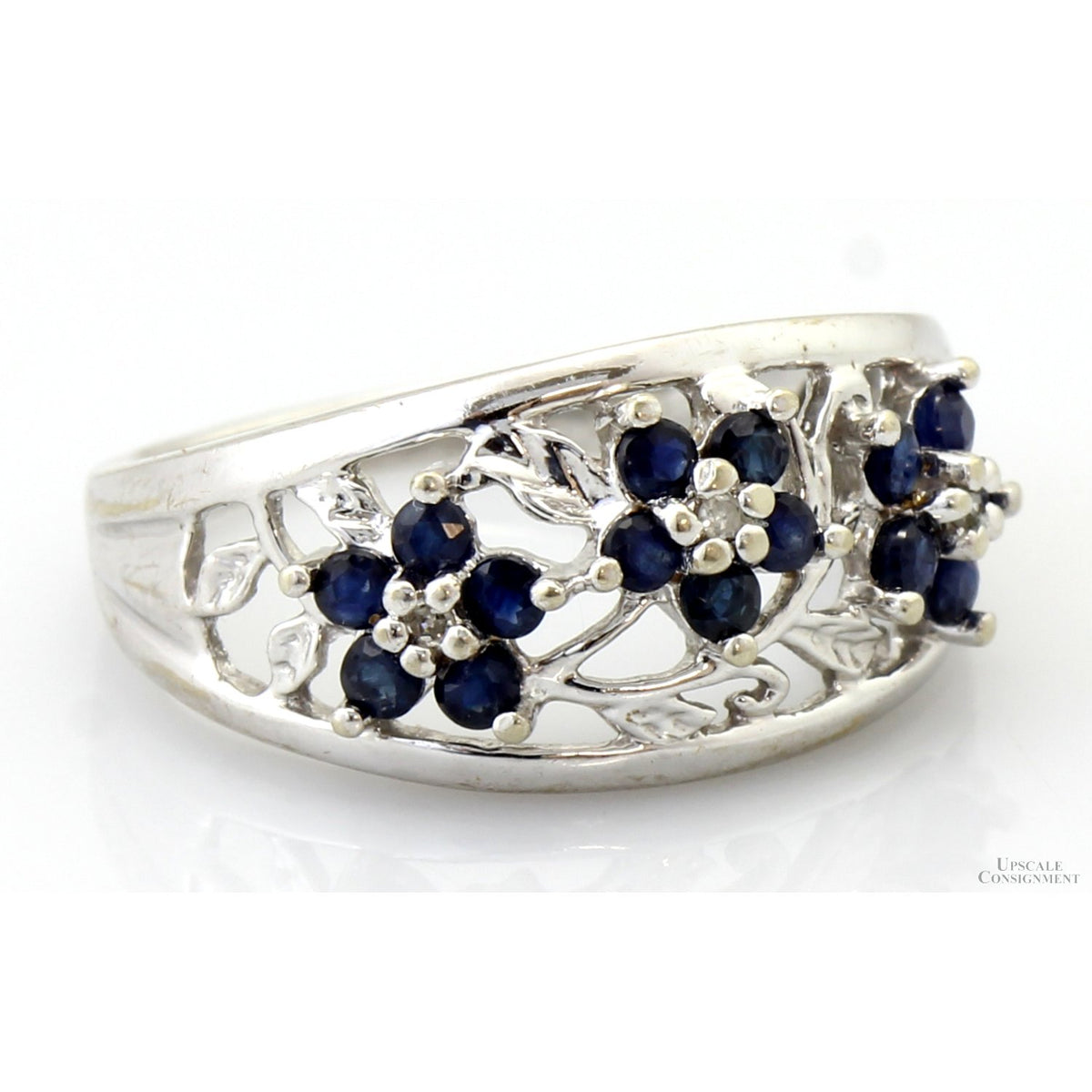 10K Gold Natural Blue Sapphire & Diamond Floral Motif  Ring