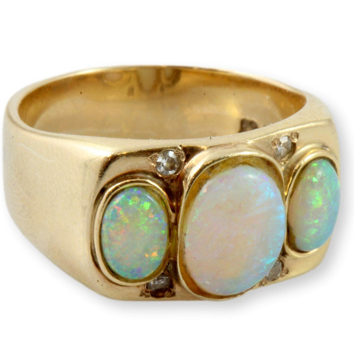 Three Stone Australian White Opal Diamond 14K Gold Ring