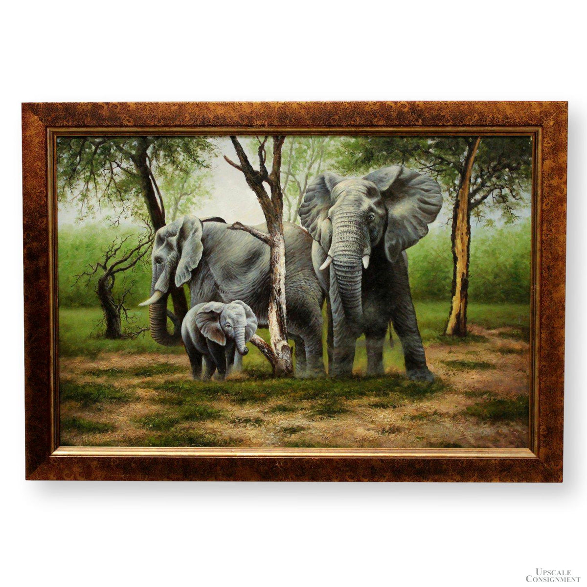 Framed Original Oil Painting - Elephants