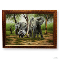Framed Original Oil Painting - Elephants