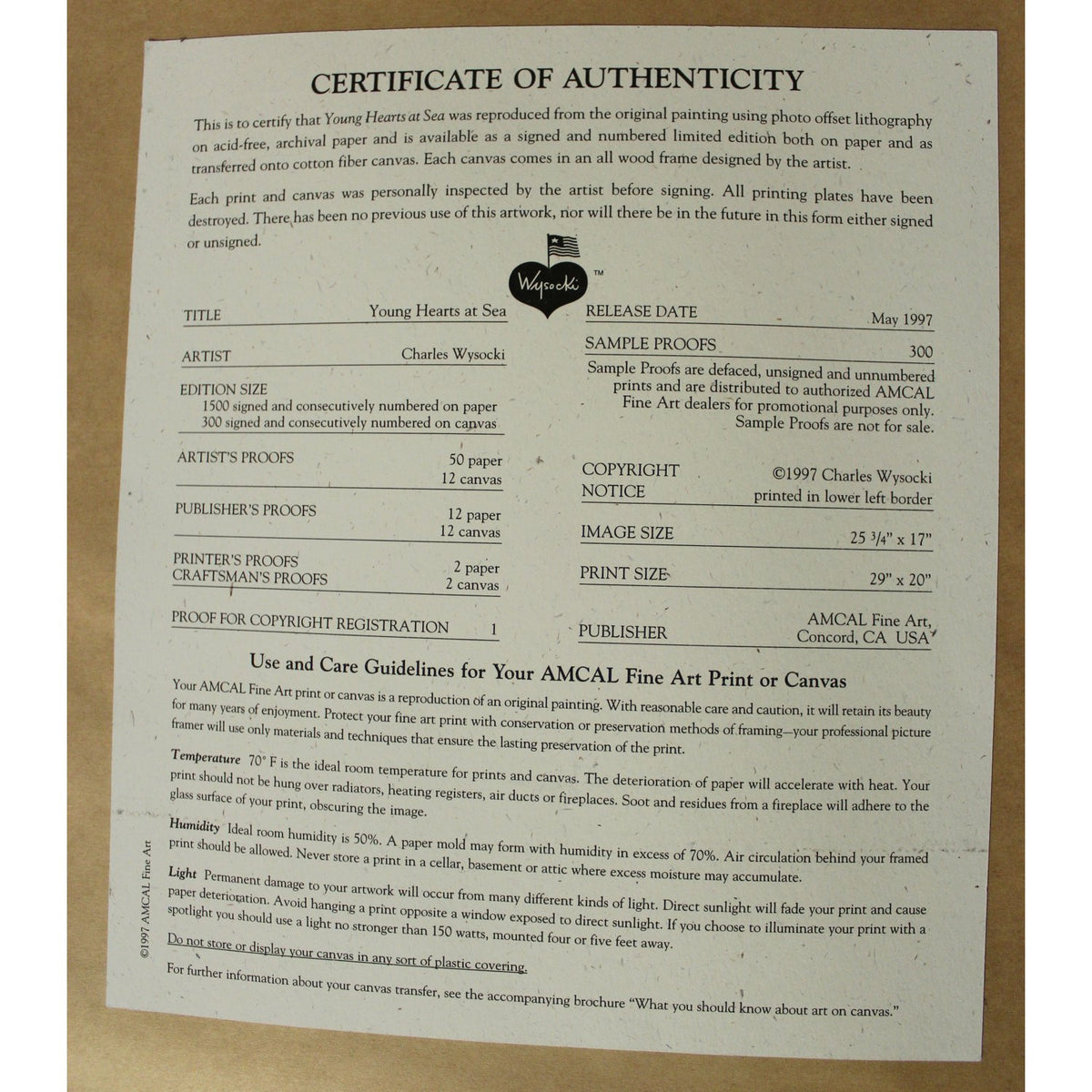 Framed Limited Edition Print 'Young Hearts at Sea' by Charles Wysocki