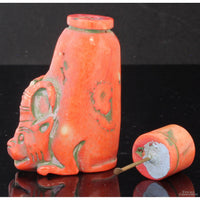 Mid-Century Chinese Hand-Carved Coral Figural Snuff Bottle Depicting a Mythical Guardian Beast