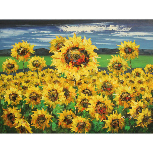 Framed Original Oil Blue Sky & Sunflowers