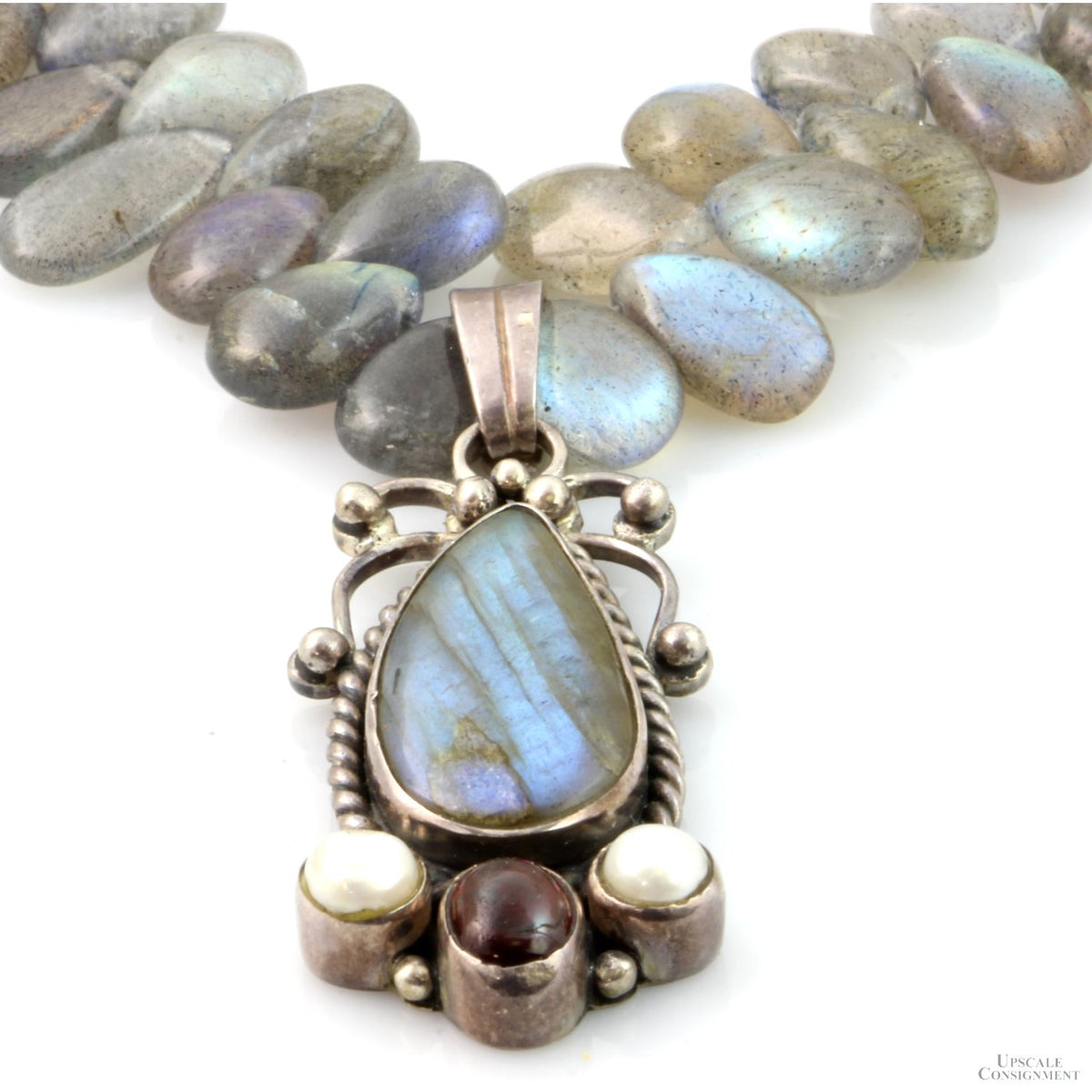 Sterling Silver Labradorite Pearl Amber Bead Pendant Necklace
