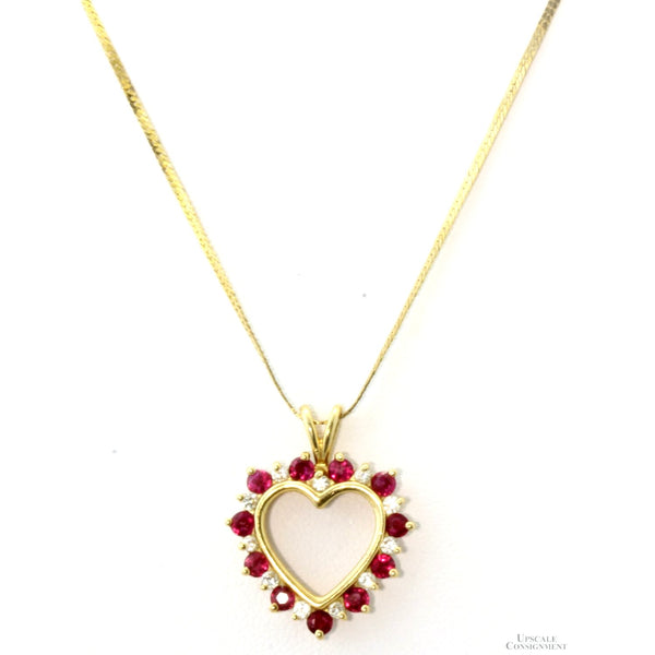 14K Gold Natural Ruby & Diamond Heart Pendant Necklace