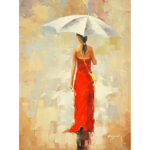 Framed Original Painting Red Dress, White Umbrella I