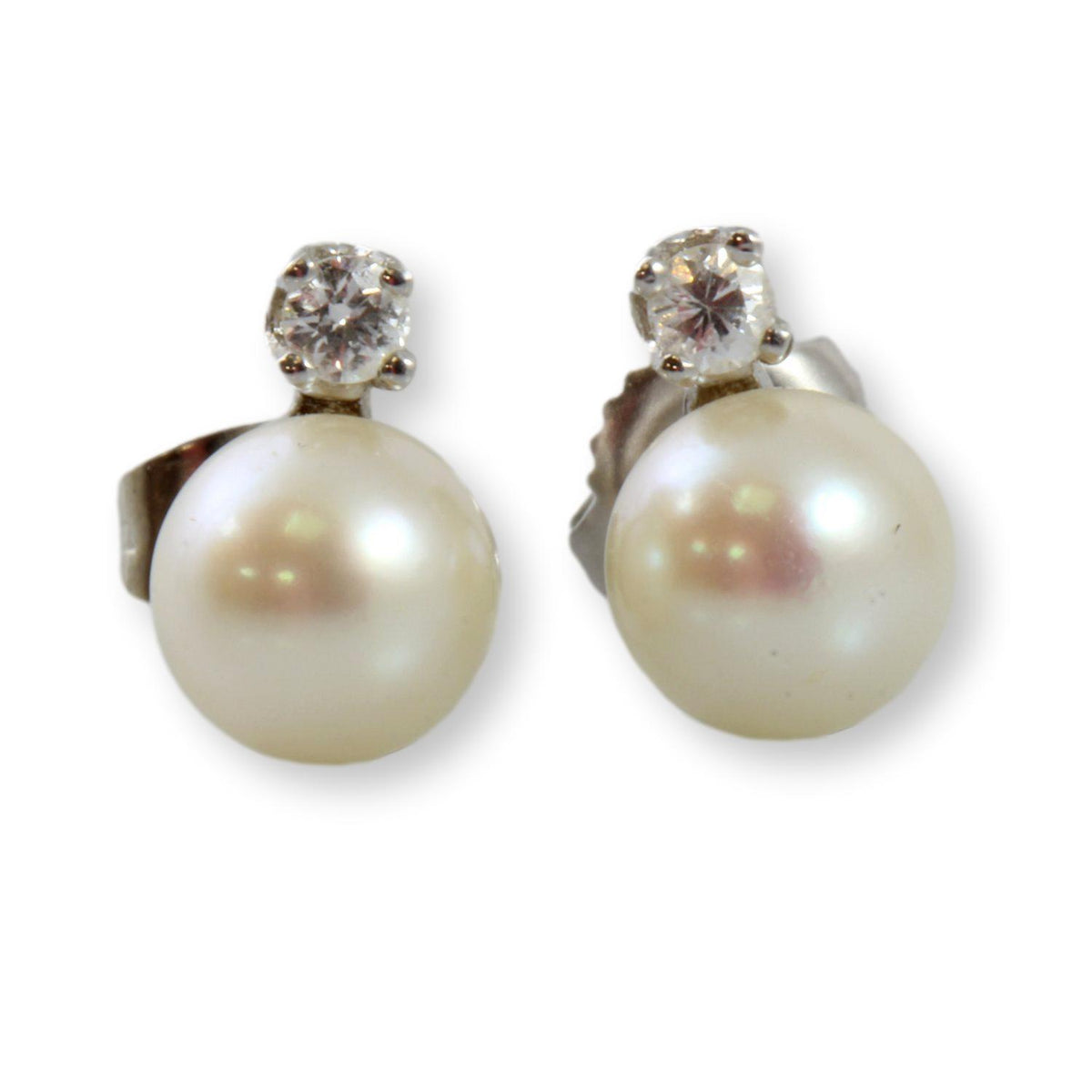 7.5mm Ivory Pearl & Diamond 14K Gold Stud Earrings