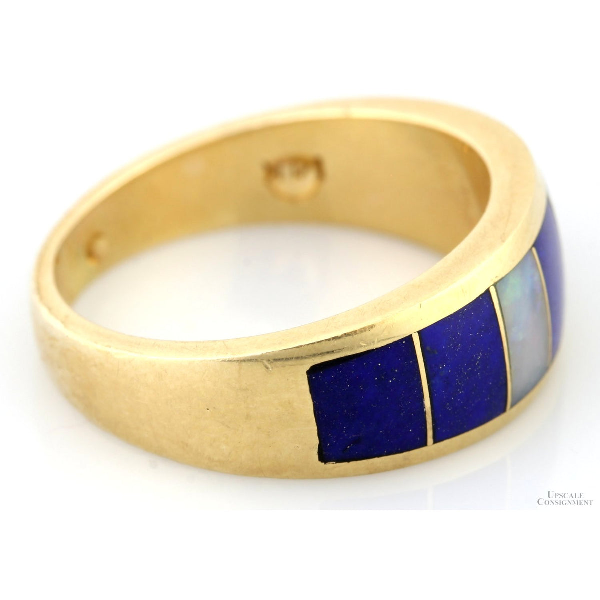 14K Gold Blue Lapis & Precious White Opal Channel Inlay Band