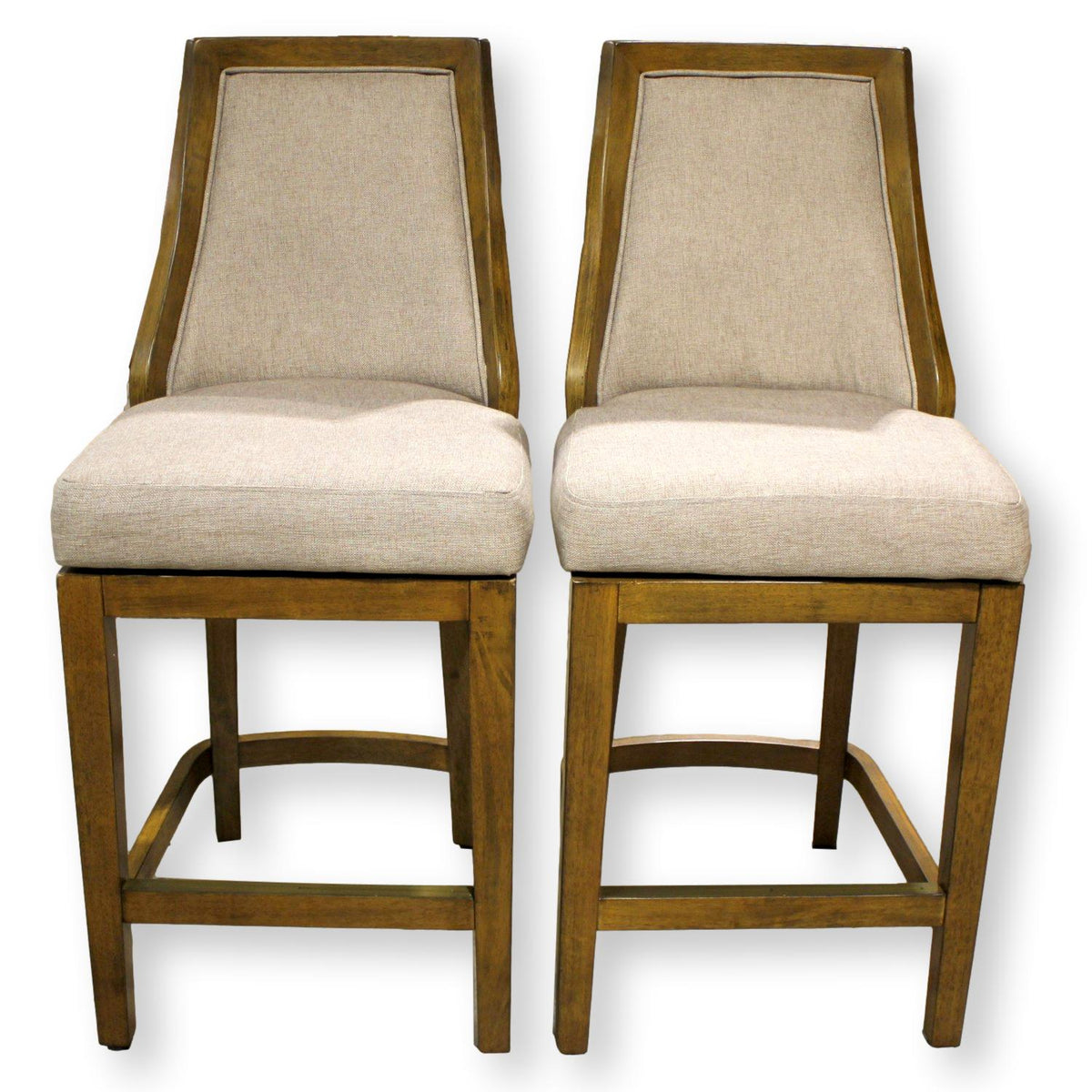 Pair of Linen & Wood Swivel Counter Stools