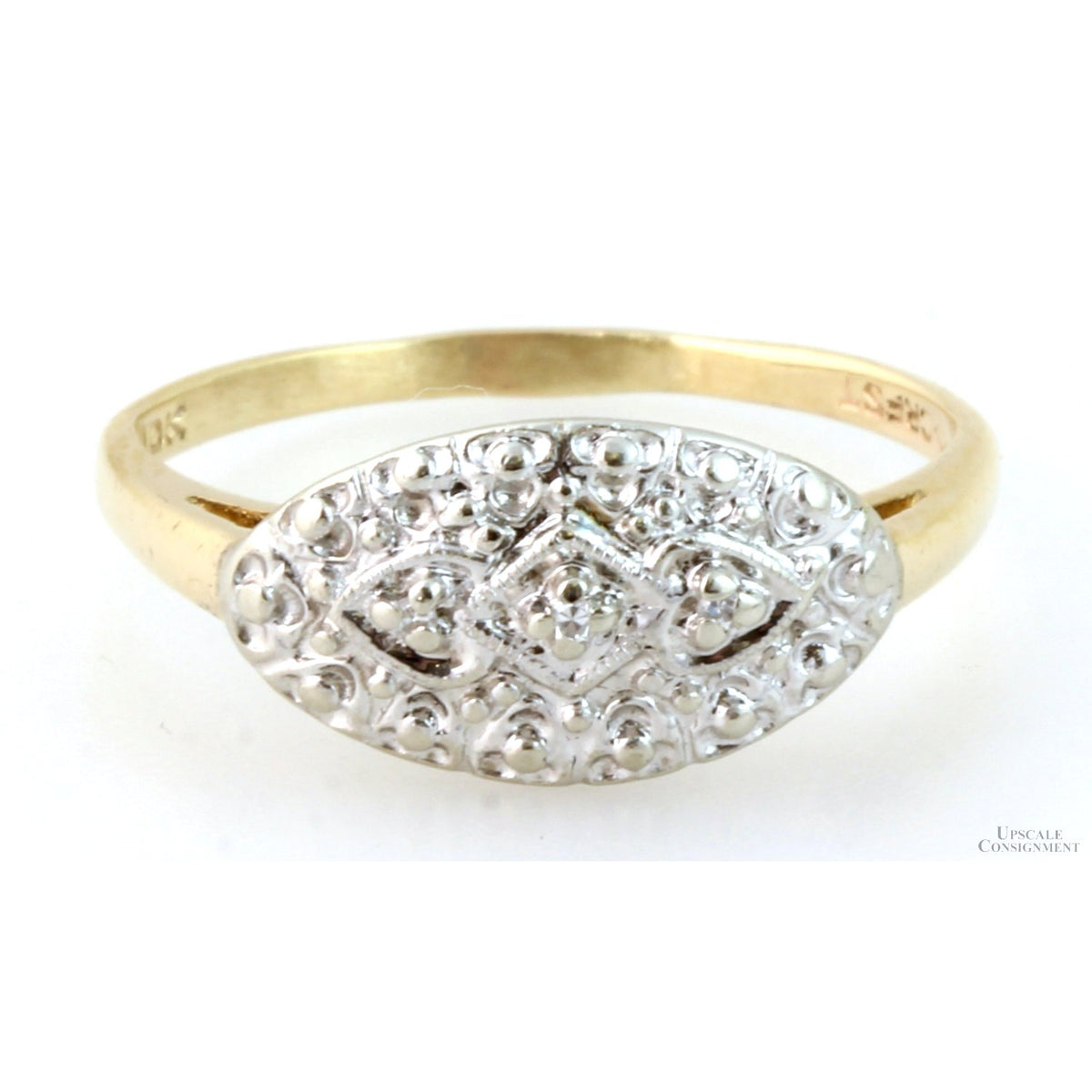 Vintage Two-Tone 10K Gold Art Deco Embossed Oval Face Diamond Ring