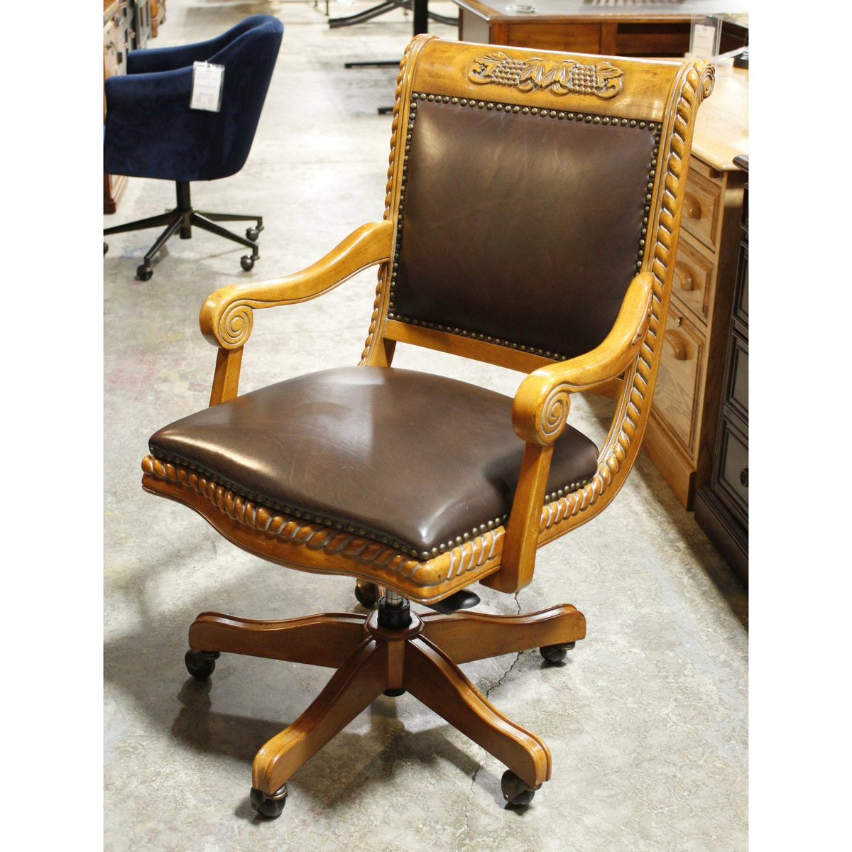 Leather Executive Chair w/Carved Grape Frame
