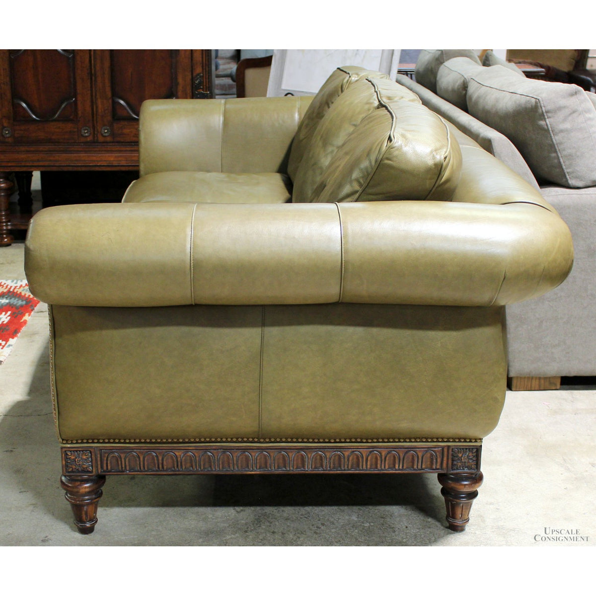 Hancock & Moore Olive Leather Roll Arm Sofa